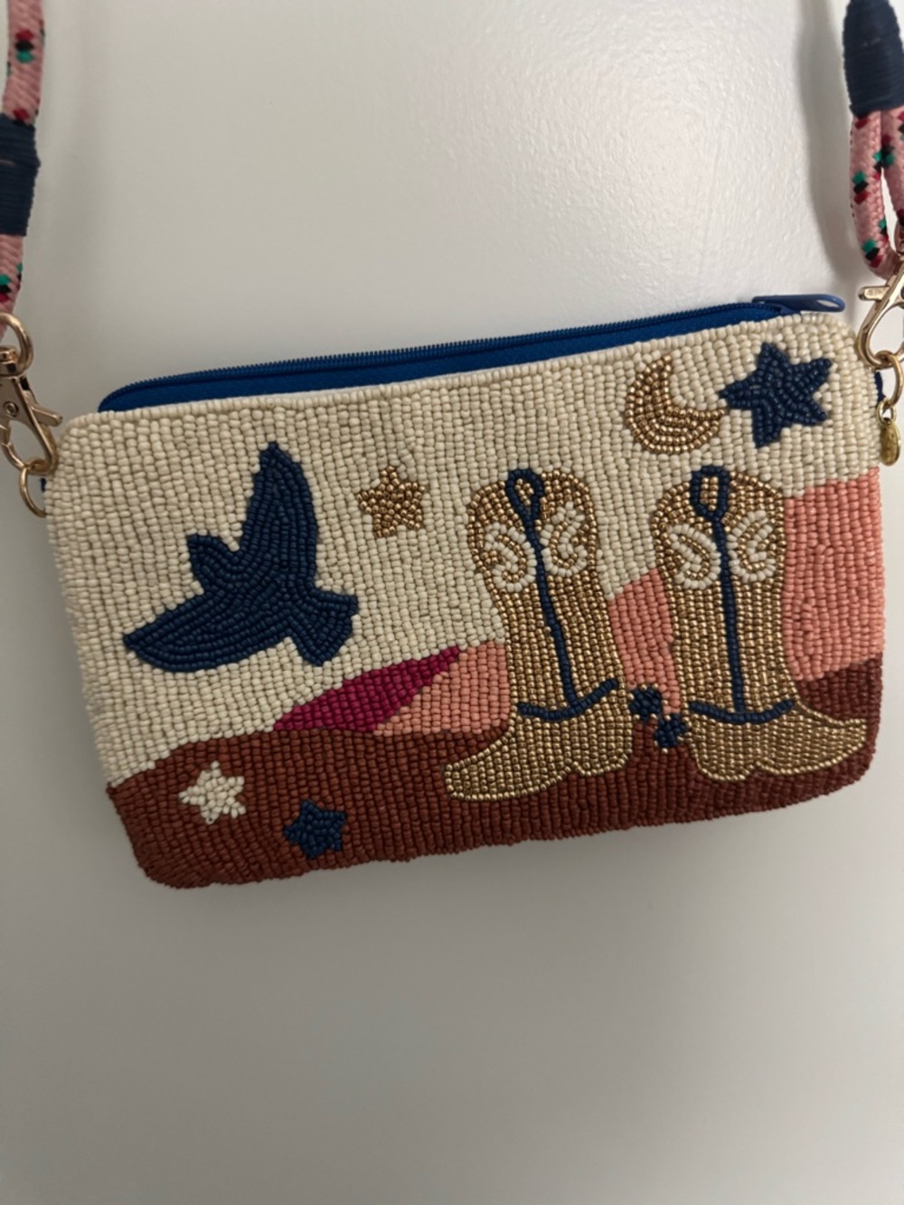 Beaded Desert Motif Wristlet Clutch in Cream, Navy & Tan